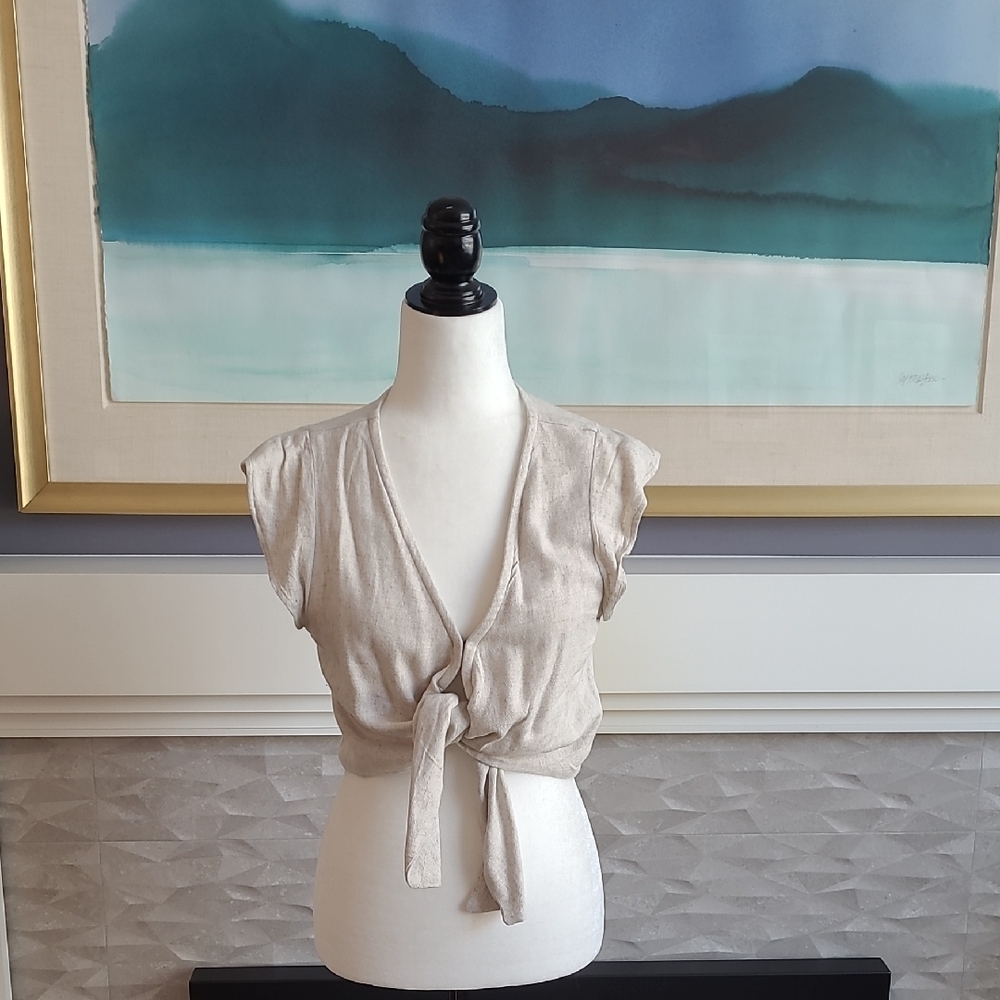Linen Cream Tie-Front Top